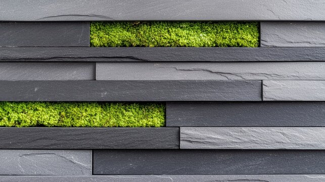 A close-up view of a wall made of gray and black slate tiles, with a section of green moss growing between them.