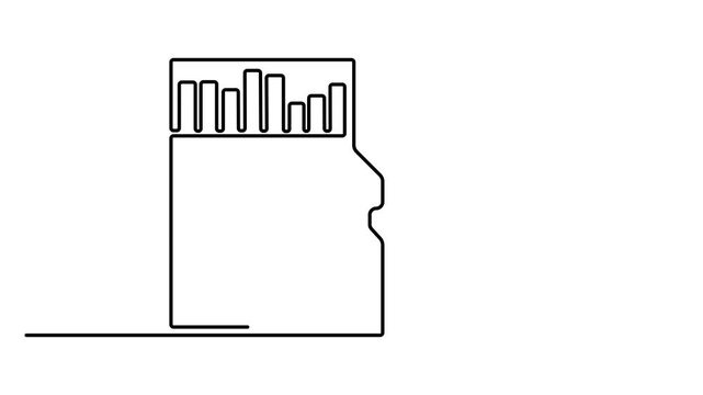 Self drawing animation of continuous one line drawing of Memory sd card video. SD card for digital cameras. Memory sd card icon. Media, photos, gigabytes, megabytes. 4K video