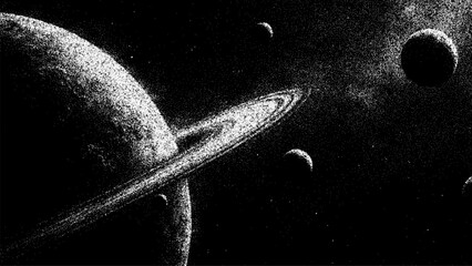 Saturn style ringed planet with moons in outer space. Stipple vector background artwork. Galaxy scene with celestial bodies and stars for science fiction concept and cosmic wallpaper. © hiten666