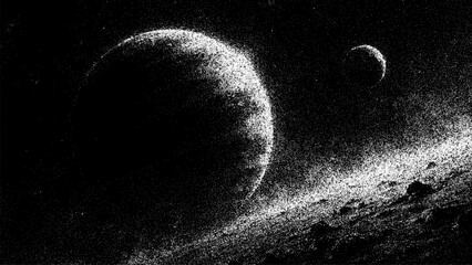 Space vector stipple illustration featuring planet and crescent moon. Retro dotwork art style cosmic scenery for background design. Celestial galaxy landscape with grainy texture. © hiten666