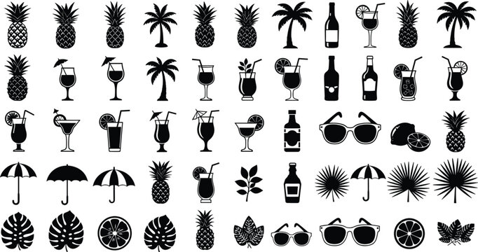 Tropical Summer Silhouette Icon Set Featuring Pineapples, Cocktails, Palm Leaves, Sunglasses, Umbrellas, and Exotic Fruit for Vacation and Beach Party Designs.