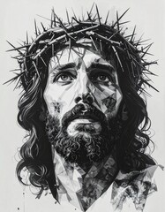Jezus Chrystus w koronie cierniowej. Czarno biała grafika twarzy Jezusa Chrystusa. Wielki Post, Wielkanoc.  © Anita