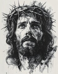 Jezus Chrystus w koronie cierniowej. Czarno biała grafika twarzy Jezusa Chrystusa. Wielki Post, Wielkanoc.  © Anita