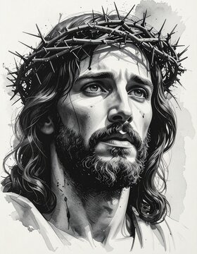 Jezus Chrystus w koronie cierniowej. Czarno biała grafika twarzy Jezusa Chrystusa. Wielki Post, Wielkanoc. 