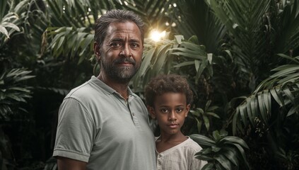 Fototapeta premium Standing parent and child posing in tropical palm garden, sunlight flare, green polo, beige shirt