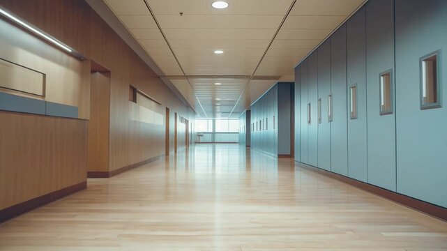 Empty hospital corridor extending towards a bright window, combining wooden wall panels with sleek grey storage lockers and a shiny wooden floor, creating a clean and quiet atmosphere