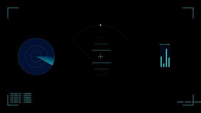 Futuristic heads up display interface with digital radar and telemetry tracking data on black background