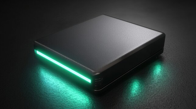 A sleek black rectangular device with a glowing green light on the left side.