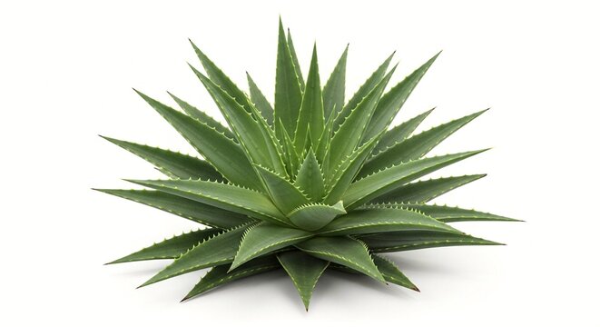 A close-up view of a green aloe vera plant with sharp leaves on a white background