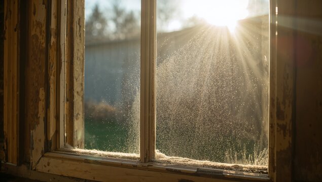 Framing weathered wooden window with central mullion in worn room, showing dusty sill and lit dust