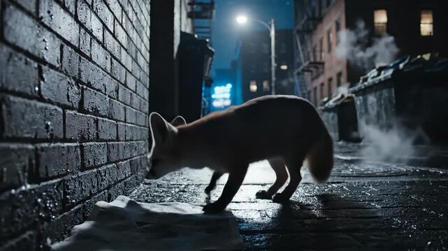 Fox slinks through moonlit city streets at night