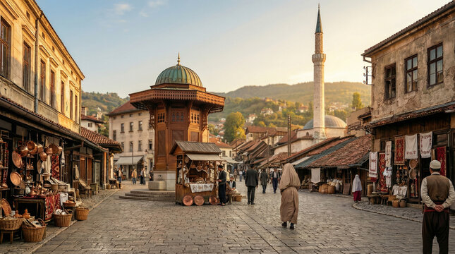 Historic Ottoman Bazaar in Sarajevo Ba&scaron;čar&scaron;ija with Traditional Sebilj and Mosque Minaret