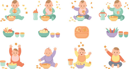 Fototapeta premium Cute Baby Eating Food Vector Set with Toddlers Having Snacks Meals Bowls and Messy Feeding Scenes for Nutrition Illustration and Childcare Design.