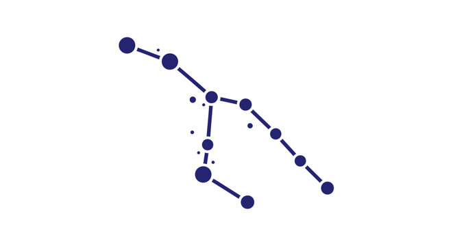 A minimalist illustration of the Orion constellation with connected blue dots on a white background