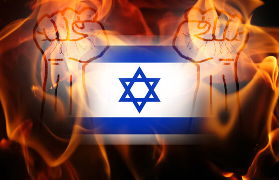 Conflict and social unrest in Israel concept. Digital illustration of the Israeli flag background with silhouettes of clenched fists and fire flames. War and political tension concept