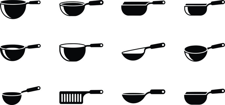 A collection of black silhouette icons showcasing various kitchen measuring scoops and utensils on white
