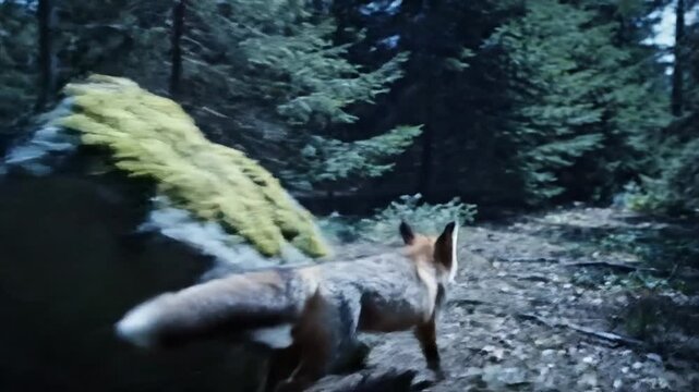 Fox Walking on a Fallen Log in a Sunlit Forest