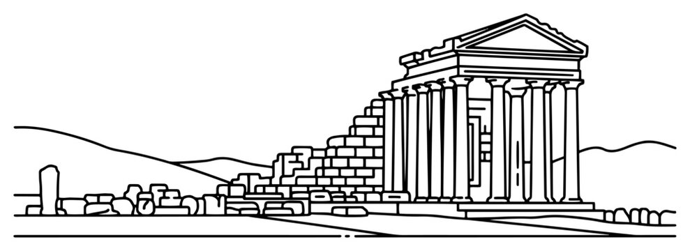 Ancient greek or roman temple ruins architectural line art illustration