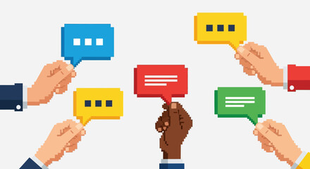 Diverse hands hold colorful pixelated speech bubbles representing communication and inclusivity a striking silhouette high quality professional detailed modern elegant stylish © MDRAMJAN