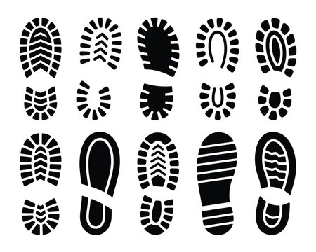 Boot impression icons, heavy tread footprints, outdoor survival course poster, search and rescue training session graphics, wilderness adventure vector
