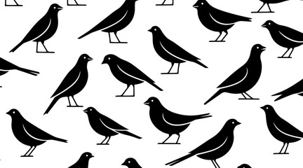 Fototapeta premium Black bird silhouettes perched and walking on white background, no seamless