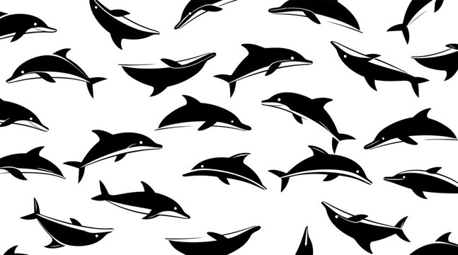 Dolphins swimming in repeated pattern on white background, no seamless