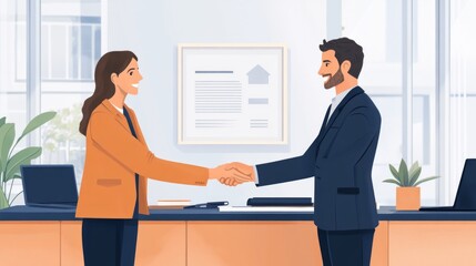 A vivid illustration of a business handshake in an office provides a positive backdrop for articles on partnership, successful negotiations or career progression.