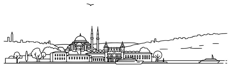 Fototapeta premium Vector line art panorama of the Istanbul city skyline with a mosque and river view