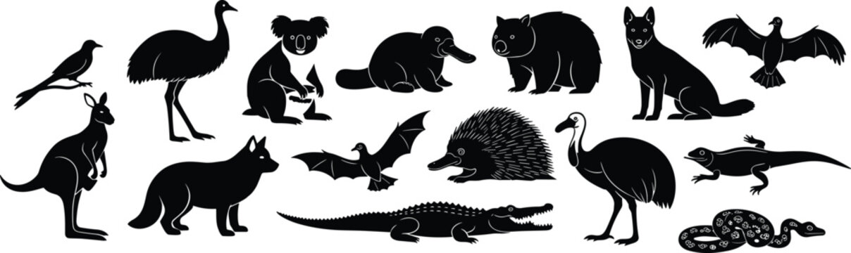 Australian Wildlife Silhouette Vector Set Featuring Kangaroo Koala Emu Platypus Wombat Dingo Crocodile And Iconic Outback Animals For Nature Graphic Design