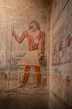 A polychrome relief of the Vizier Kagemni inside his mastaba tomb located in Saqqara, Egypt.