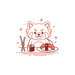 Cute Red Panda Eating Sushi and Maki Rolls, Japanese Food Illustration © varla