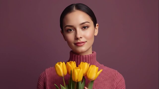 Elegant young woman with smooth skin and dark hair, smiling softly while holding a bouquet of yellow tulips, dressed in a pink turtleneck against a muted purple background