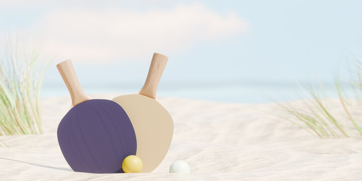 Two beach table tennis rackets and balls on sand with sea and sky background. 3d rendering