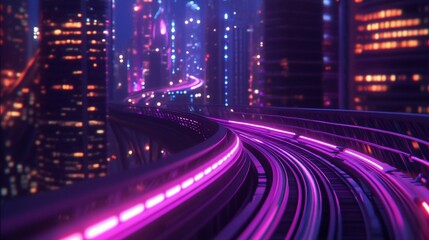 Obraz premium Cyberpunk Cityscape NeonLit Elevated Train Tracks at Night.