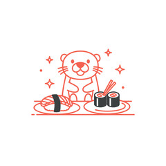 Cute Otter Enjoying Sushi and Maki Rolls Meal © varla
