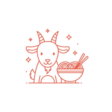 Cute Goat Character with Ramen Noodles Bowl and Chopsticks, Line Art Illustration