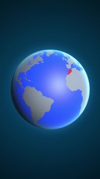 The animation shows a graphic representation of the earth and highlights the location and map of Morocco colored red in vertical format.