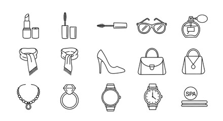 Obraz premium Fashion Beauty Linear Icon Set, Cosmetics Sunglasses Perfume Scarf Shoes Outline Vector Collection