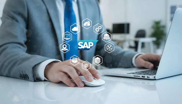Businessman using computer with SAP ERP software icons for digital business management