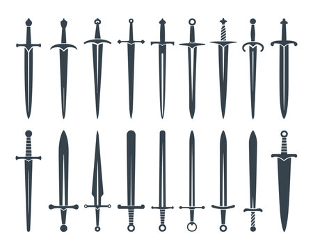 Medieval swords collection, knight armory weapons set, renaissance fair cosplay event graphics, fantasy battle blades, black silhouette vector icons