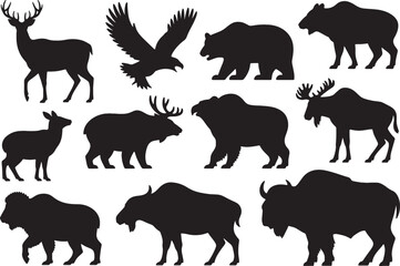 Fototapeta premium Collection of wildlife animal silhouettes including deer, Bear, Bison, And eagle