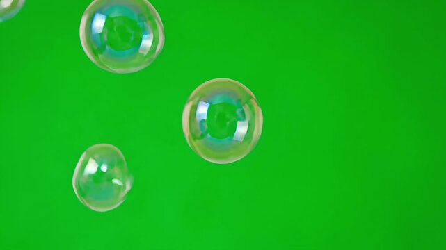 three iridescent bubbles on green background