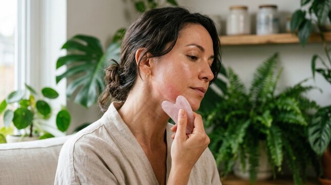Woman Using Rose Quartz Gua Sha for Lymphatic Drainage Facial. A cinematic lifestyle portrait of a serene woman in a linen robe performing a Gua Sha facial massage on her jawline using a rose qua sha