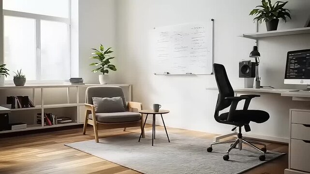 Modern home office setup with recording equipment and desk.