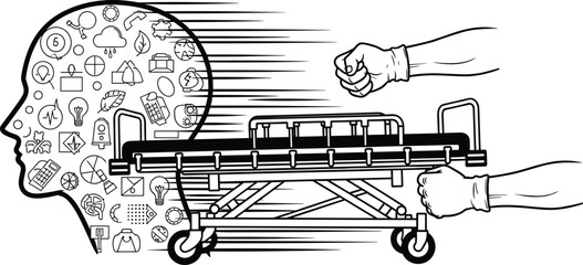 Obraz premium Conceptual Illustration of a Human Profile Filled With Icons Being Rushed on a Medical Stretcher Representing Mental Health Emergency Crisis.