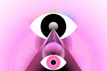 A modern flat vector illustration featuring a stylized all-seeing eye, a pyramid, and spheres on a pink gradient background. 