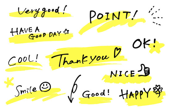 手書きの文字とラインマーカーのセット。Thank you、GOOD、NICEなどのポジティブな言葉。ベクター素材。