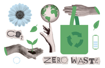 Zero waste lifestyle collage elements set. Retro halftone objects with green eco bag, co2 emissions, recycling sign, plant and earth. Sustainable environment vector pack for eco banner.