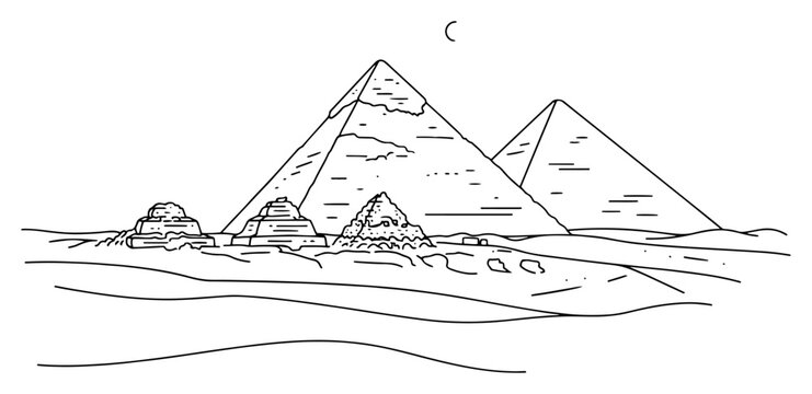 Hand drawn line art of the Great Pyramids of Giza and Sphinx in the Egyptian desert