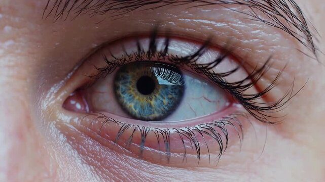 closeup caucasian eye with blue iris showing slow blink, detailed eyelashes, natural skin texture, subtle tear film, soft daylight lighting, clinical yet intimate atmosphere, suitable for beauty